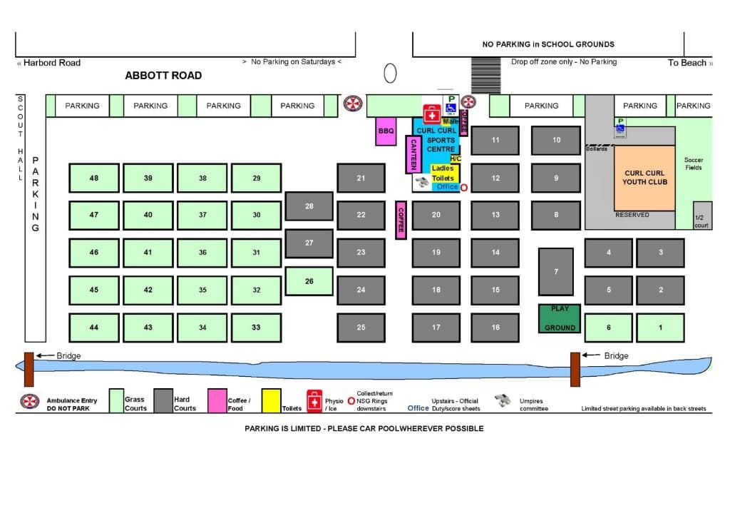 Map of Curl Curl Sports Centre and Youth Club — numbered courts 1–48, parking, canteen, and facilities (rotated for on-screen reading).