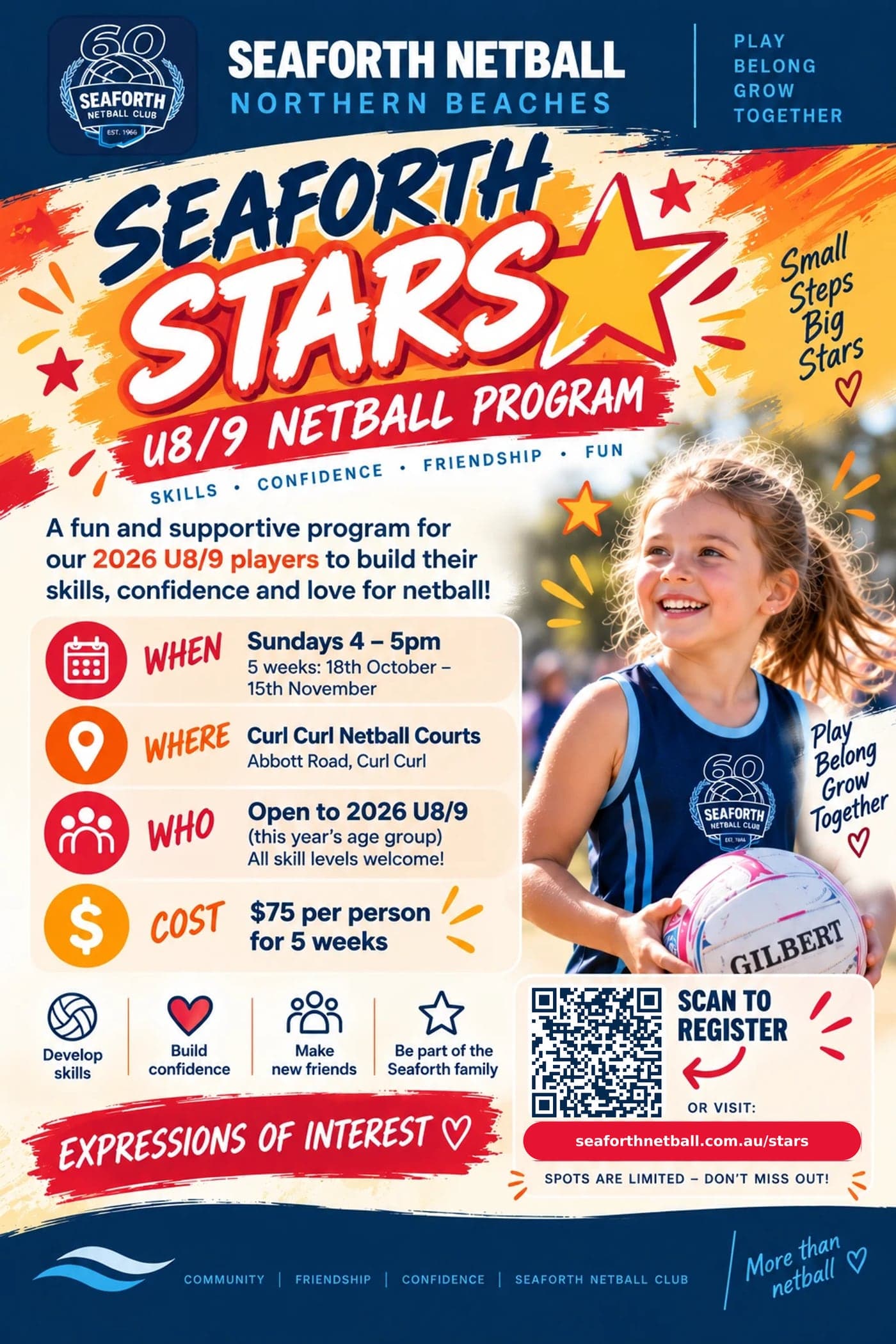 Seaforth Stars U8/9 netball program — five Sundays, 18 October – 15 November, 4 to 5pm at Curl Curl Netball Courts. $75 for the five weeks, open to 2026 U8/9 players, all skill levels. Tap to register.